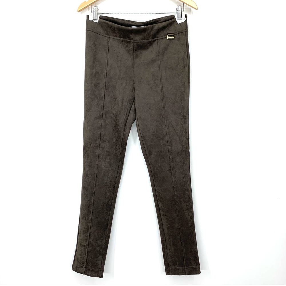 Calvin Klein Faux Suede Pull On Slim Ponte High Rise Pants “Tan” Brown New Nwt